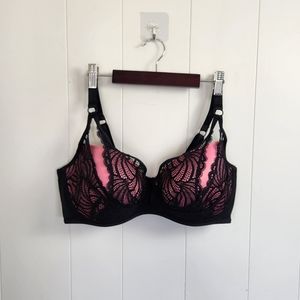Ashley Graham Hot Pink Underwire Black Crochet Lace Bra 40DDD Sexy Lingerie